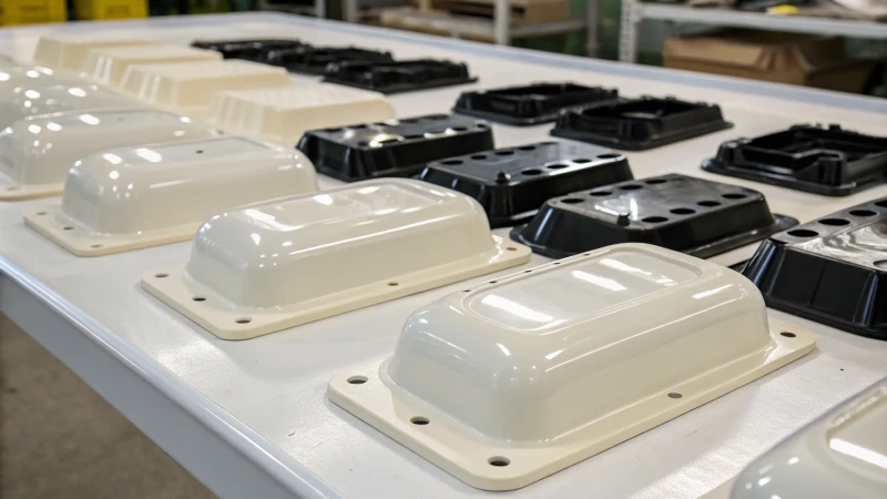 Close-up of injection molded parts on a workbench