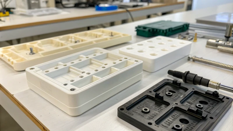 Close-up shot of various injection molded parts on a workbench.