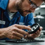 Engineer inspecting burrs on injection molded product