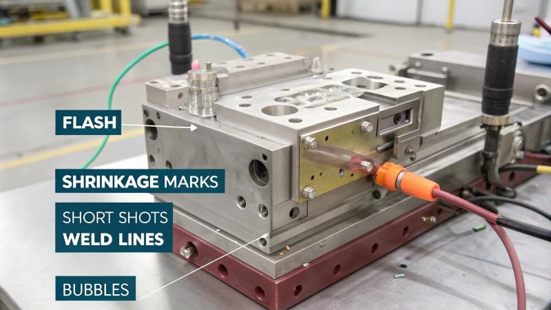Diagram of injection molding defects including flash, shrinkage marks, weld lines, bubbles, and short shots