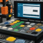 Illustration of the four key elements in injection molding: plastic materials, machines, molds, and parameters.