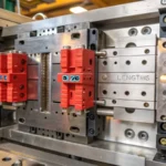 Close-up of an injection molding machine's mold cavity with labeled gates