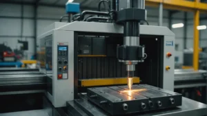 Close-up of an injection molding machine in operation