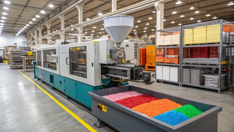 A multi-stage injection molding machine processing colored plastic pellets in a factory setting.