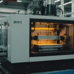 Injection molding machine operating with glowing mold and precision control panel.