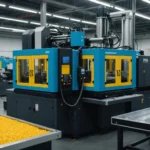 Injection molding machine creating plastic boxes