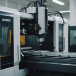 An injection molding machine in operation, producing plastic parts