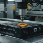 Close-up of an injection molding machine with molten plastic