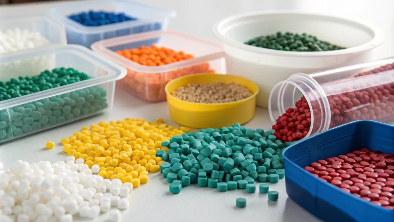 Close-up view of various materials including metal, plastic, and composite with labels.