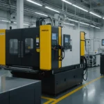 Injection molding machine in operation with raw materials being processed