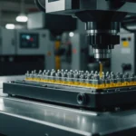 Close-up of an injection molding machine with a focus on the mold design and injection parameters
