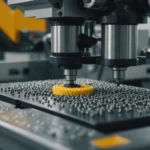 Close-up view of an injection molding machine with polymer granules.