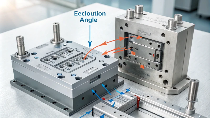 Technical illustration of injection molding process with focus on demoulding angle