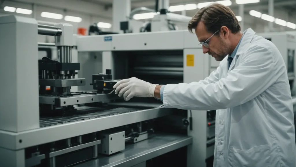 Technician inspecting injection molding machine for quality control