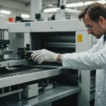 Technician inspecting injection molding machine for quality control