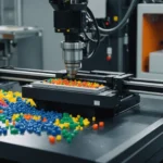 Injection molding machine with colorful plastic granules and a finished product.