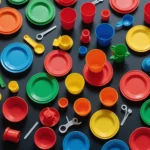 Various products made through injection molding including tableware, toys, and automotive parts.