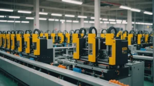 A vibrant and detailed toy factory floor showcasing injection molding machines creating colorful plastic toys.
