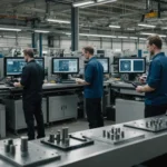 A detailed image of an injection mould manufacturing process in a factory setting, highlighting complexity and precision.