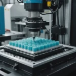 Close-up of LSR injection molding process showing machinery and silicone components.