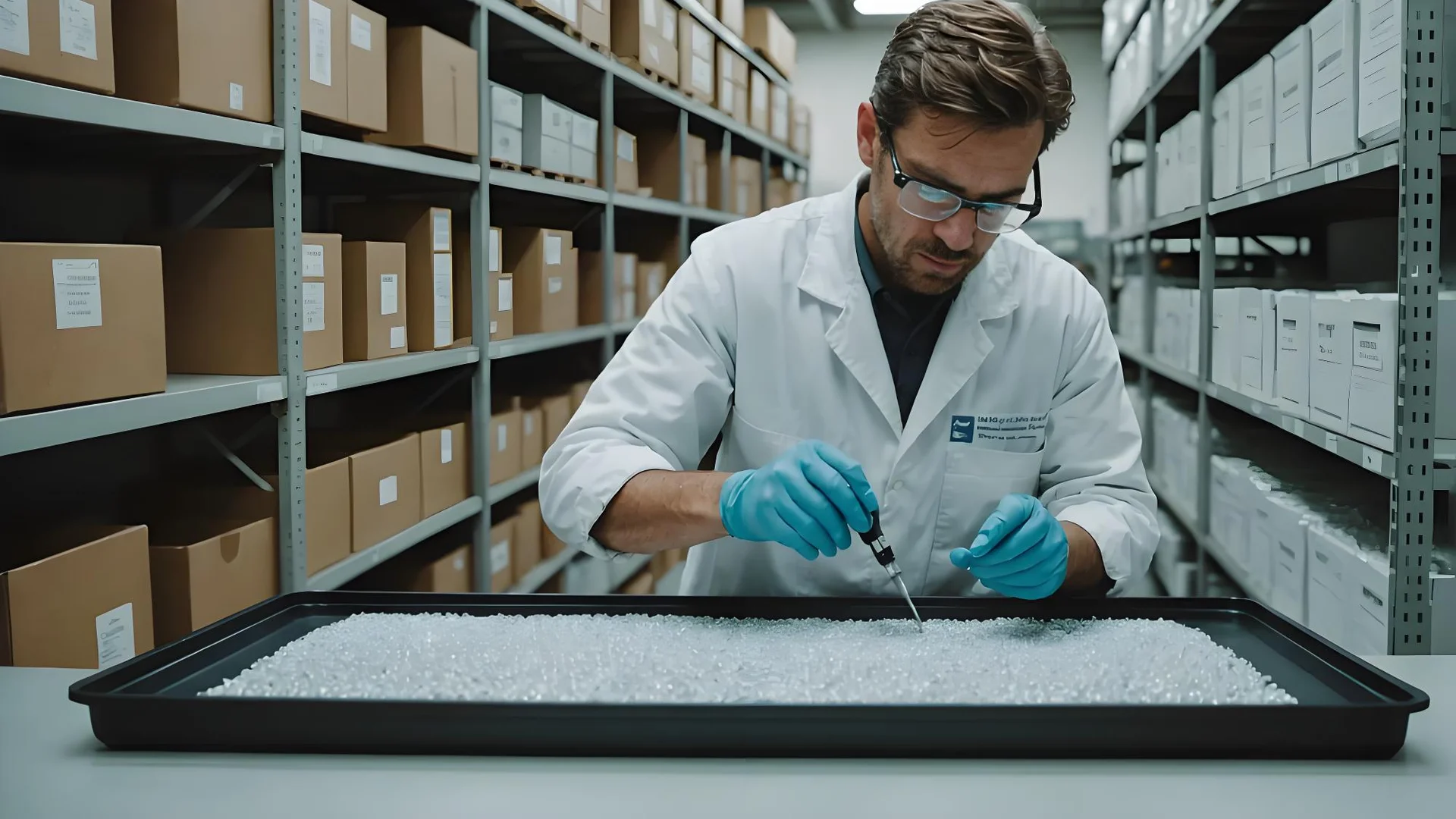 Technician performing a visual inspection on raw plastic pellets under a bright light in a manufacturing facility.