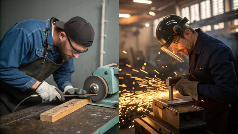 A split-scene image showing manual grinding by an artisan and mechanical grinding by a machine.