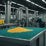 Masterbatch production process for injection molding showing machinery and raw materials