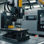 Close-up of a micro-injection molding machine in operation, showcasing precision engineering