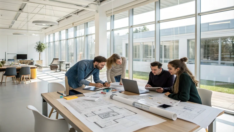 A modern design studio filled with natural light and designers collaborating.