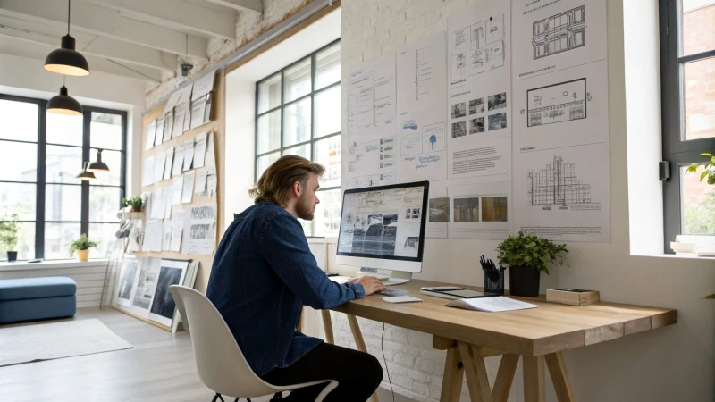 A designer working in a modern studio with blueprints on the computer screen