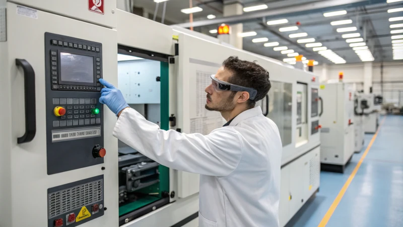 Technician adjusting injection molding machine in a factory