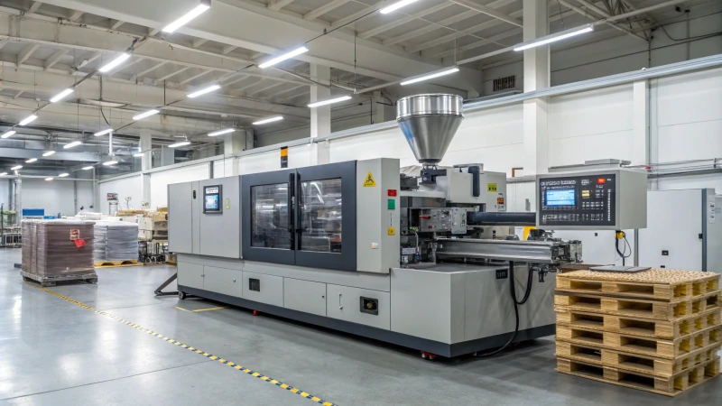 Injection molding machine in a manufacturing facility with plastic products