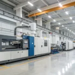 A modern industrial factory with an injection molding machine in operation.