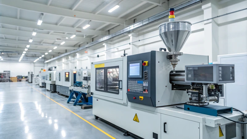 A close-up of an industrial injection molding machine in operation