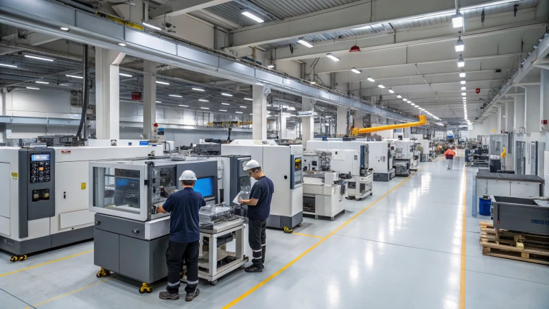 Workers operating advanced machinery in a mold processing facility
