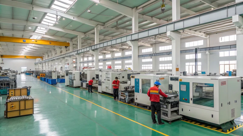 Technicians inspecting advanced injection molding machines in a workshop
