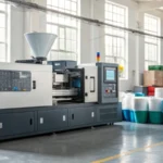 A modern injection molding machine in an industrial setting