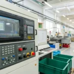 A modern injection molding machine with a detailed control panel in a clean factory setting.
