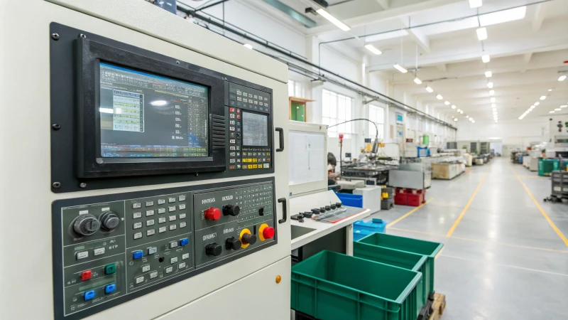 A modern injection molding machine with a detailed control panel in a clean factory setting.