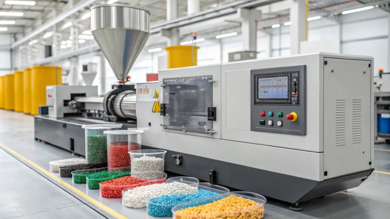 A modern injection molding machine in an industrial setting with plastic pellets and finished products around it.