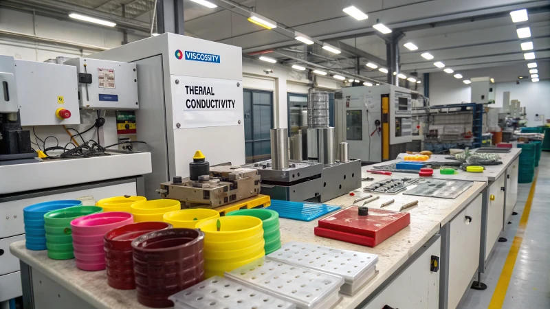 A modern injection molding workshop with labeled materials.
