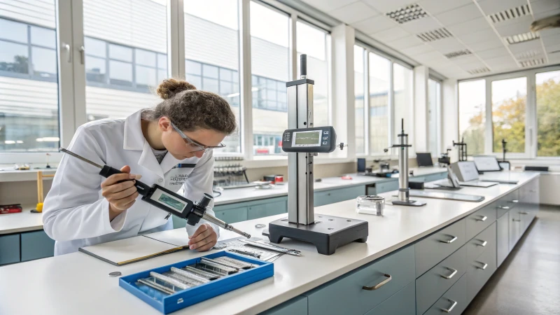Technician using a digital caliper in a modern laboratory