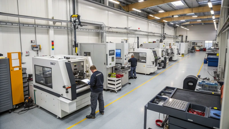 CNC マシンとエンジニアがいる忙しい現代的な機械加工ワークショップ