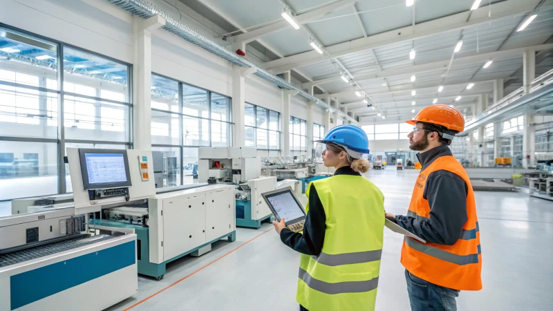 A modern manufacturing facility with engineers analyzing data.
