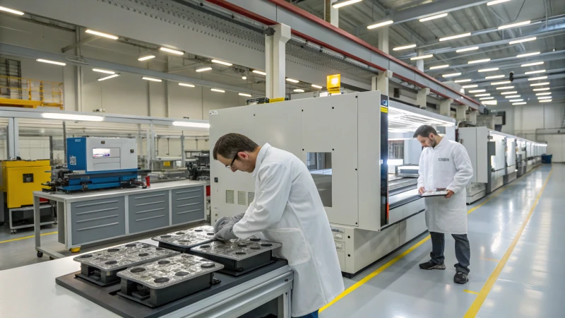 Engineers examining materials in a modern manufacturing facility