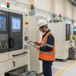 Engineers examining product samples in a manufacturing facility