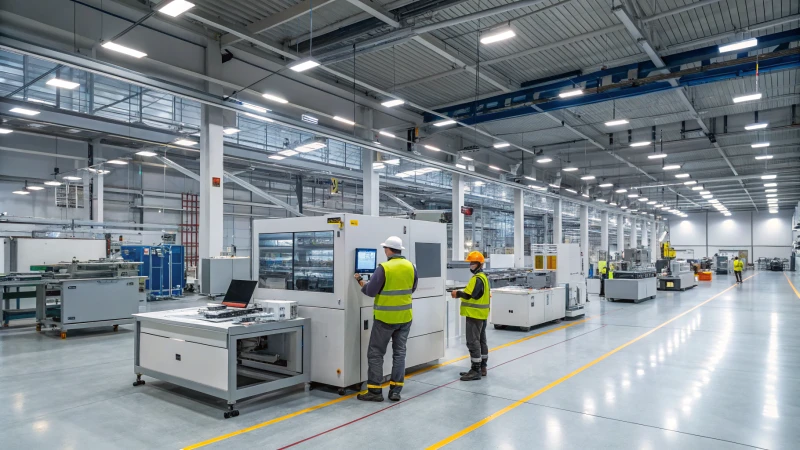 A modern manufacturing facility with organized workspaces and sleek machinery.