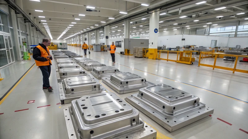 A modern manufacturing facility with workers inspecting metallic molds.