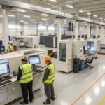 Interior of a modern manufacturing facility with advanced machinery and workers