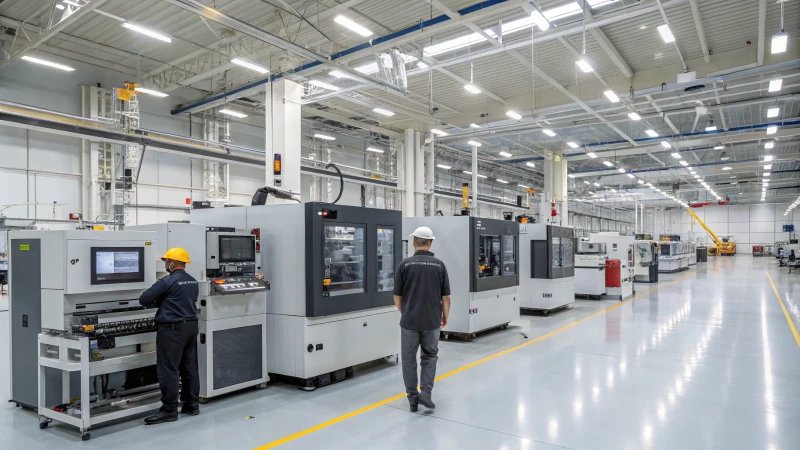 A busy manufacturing facility with diverse workers discussing standardized molds